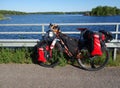 Adventure touring bike by lake Saimaa on summer evening